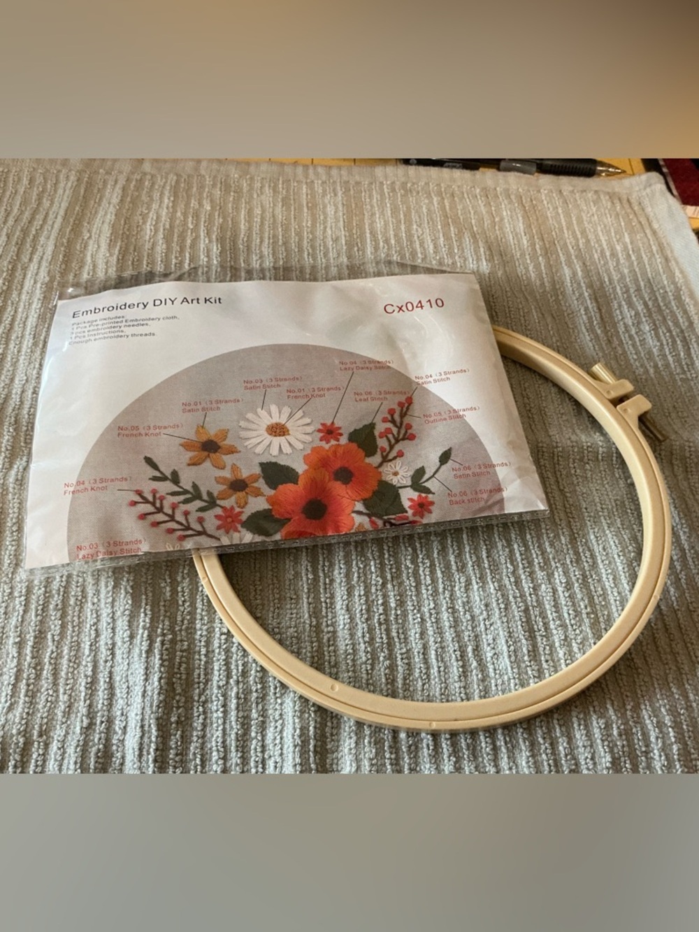 Embroidery DIY Art Kit with Wooden Hoop - Orange Floral